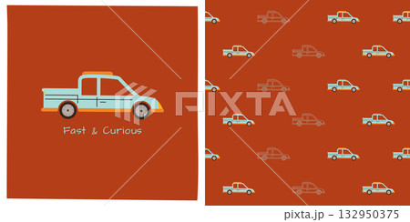 Retro Car pickup cartoon seamless pattern hand drawn automobile repeat print vector illustration 132950375