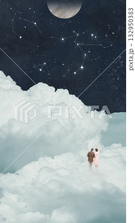 Creative composition. Couple standing on clouds pointing at constellations in night sky 132950383