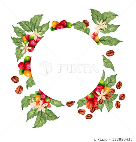 Round frame of coffee branches with leaves, coffee berries, beans, flowers. Watercolor illustration with space for text. Hand drawn isolated art. Coffee Day. For packaging, logos, menu, invitations. 132950433