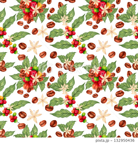 Seamless pattern of Arabica and Robusta coffee berries with beans, leaves, and flowers. Watercolor illustration. Hand drawn isolated art. International Coffee Day. Background for fabric and textiles. Seamless pattern of Arabica and Robusta coffee berries with beans, leaves, and flowers. Watercolor illustration. Hand drawn isolated art. International Coffee Day. Background for fabric and textiles. 132950436
