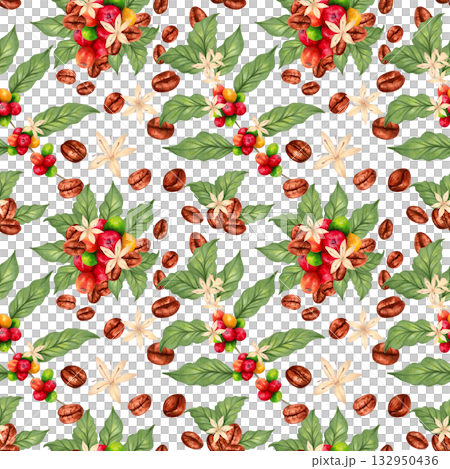 Seamless pattern of Arabica and Robusta coffee berries with beans, leaves, and flowers. Watercolor illustration. Hand drawn isolated art. International Coffee Day. Background for fabric and textiles. 132950436