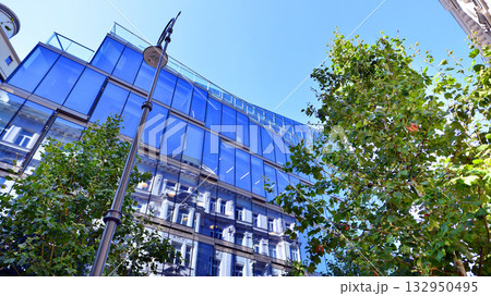 Modern luxury office building.The structure features a glass and concrete walls, showcasing contemporary architecture. The green surroundings of office buildings. Trees and shrubs in the city. Modern luxury office building.The structure features a glass and concrete walls, showcasing contemporary architecture. The green surroundings of office buildings. Trees and shrubs in the city. 132950495