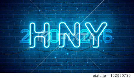 2026 Happy New Year Greeting Card Design with Glowing Neon Light Typography Lettering on Vintage Brick Wall Background. Vector Christmas Holiday Season Illustration for Calendar, Celebration Poster 132950759