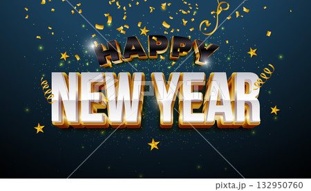 Happy New Year Greeting Card Illustration with Gold Framed 3D Typography Lettering, Falling Confetti and Christmas Star on Blue Background. Holiday Design with Christmas Ornaments for Calendar, Flyer 132950760
