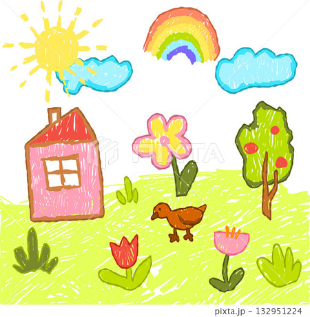 Colorful hand-drawn crayon set with flowers, clouds, and stars for Kindergarten Colorful hand-drawn crayon set with flowers, clouds, and stars for Kindergarten 132951224