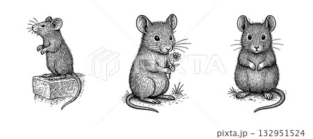ネズミのペン画セット(石の上に立つネズミ、花を持つネズミ、正面を向いたネズミ) ネズミのペン画セット(石の上に立つネズミ、花を持つネズミ、正面を向いたネズミ) 132951524