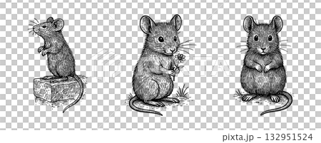 ネズミのペン画セット(石の上に立つネズミ、花を持つネズミ、正面を向いたネズミ) ネズミのペン画セット(石の上に立つネズミ、花を持つネズミ、正面を向いたネズミ) 132951524