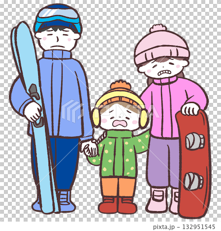 がっかりするウィンタースポーツ家族のイラスト がっかりするウィンタースポーツ家族のイラスト 132951545