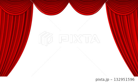 Red theater stage curtain, long top edge separated, for movie, concert or theater scene. 132951596