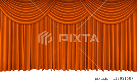 Orange stage curtain with long top edge, isolated on white background. 132951597