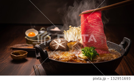 至高の一枚：暗闇に浮かぶ特選和牛の極上すき焼き 132951693