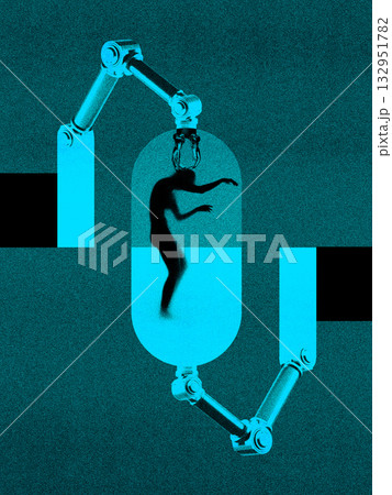 Sci-fi collage design. Human silhouette suspended in robotic capsule glowing in blue futuristic light. Sci-fi collage design. Human silhouette suspended in robotic capsule glowing in blue futuristic light. 132951782