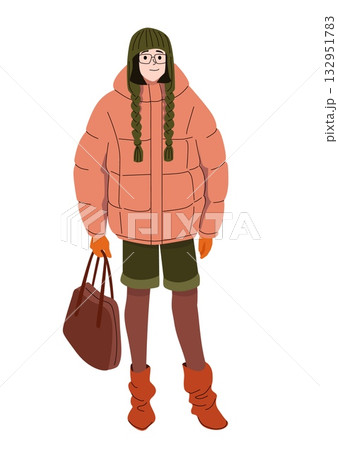 Smiling woman in winter clothes with puffer jacket knit hat braids gloves boots and handbag wearing shorts over tights in casual seasonal outfit Smiling woman in winter clothes with puffer jacket knit hat braids gloves boots and handbag wearing shorts over tights in casual seasonal outfit 132951783