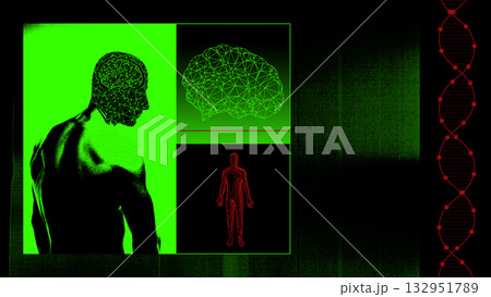 Cyber collage. Human silhouette with digital brain network and DNA helix in neon green and red tones. Cyber collage. Human silhouette with digital brain network and DNA helix in neon green and red tones. 132951789