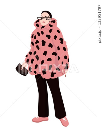 Fashionable woman in pink leopard print faux fur coat holding clutch and wearing black pants and sneakers isolated on white background 132951797
