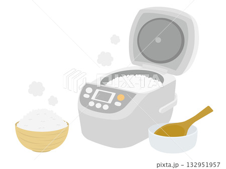 白い炊飯器と白米の入った茶碗としゃもじのイメージイラスト 白い炊飯器と白米の入った茶碗としゃもじのイメージイラスト 132951957