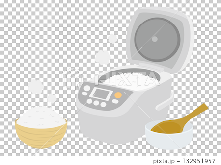 白い炊飯器と白米の入った茶碗としゃもじのイメージイラスト 白い炊飯器と白米の入った茶碗としゃもじのイメージイラスト 132951957