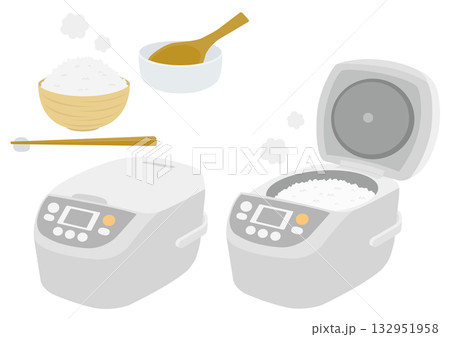 白い炊飯器と茶碗としゃもじのイラストのセット 132951958