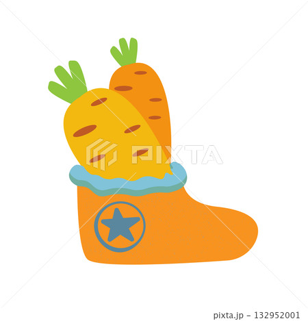 Winter orange boots with carrot inside and stars, symbol of Sinterklaas. Sinterklaas cartoon hand drawn shoes with carrot. Saint Nicholas Day Poster Vector, Dutch Celebration Card with Gift in Boot Winter orange boots with carrot inside and stars, symbol of Sinterklaas. Sinterklaas cartoon hand drawn shoes with carrot. Saint Nicholas Day Poster Vector, Dutch Celebration Card with Gift in Boot 132952001