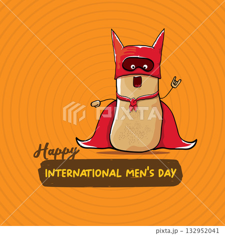 International mens day vector cartoon greeting card with funny cartoon cute brown super hero potato with red hero cape and mask on orange pattern background. Celebrating Men and Boys square banner 132952041