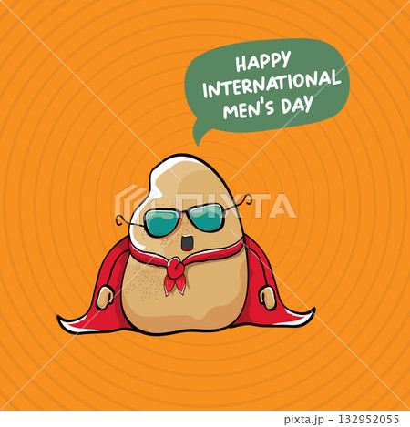 International mens day vector cartoon greeting card with funny cartoon cute brown super hero potato with red hero cape and mask on orange pattern background. Celebrating Men and Boys square banner 132952055