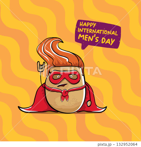 International mens day vector cartoon greeting card with funny cartoon cute brown super hero potato with red hero cape and mask on orange pattern background. Celebrating Men and Boys square banner 132952064