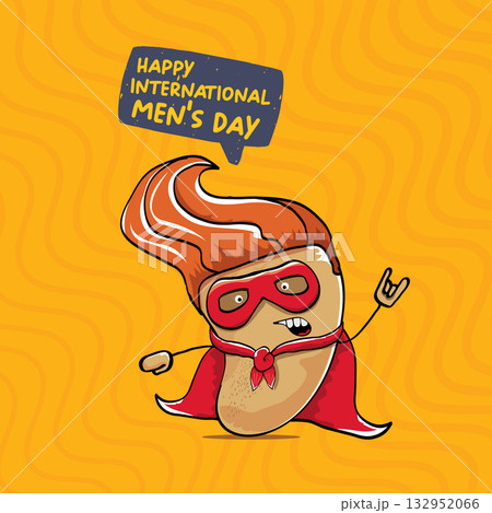 International mens day vector cartoon greeting card with funny cartoon cute brown super hero potato with red hero cape and mask on orange pattern background. Celebrating Men and Boys square banner 132952066