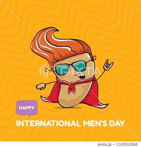 International mens day vector cartoon greeting card with funny cartoon cute brown super hero potato with red hero cape and mask on orange pattern background. Celebrating Men and Boys square banner 132952068
