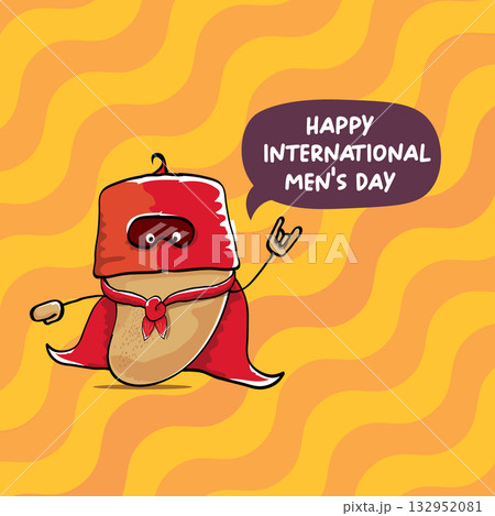 International mens day vector cartoon greeting card with funny cartoon cute brown super hero potato with red hero cape and mask on orange pattern background. Celebrating Men and Boys square banner 132952081