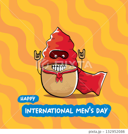 International mens day vector cartoon greeting card with funny cartoon cute brown super hero potato with red hero cape and mask on orange pattern background. Celebrating Men and Boys square banner 132952086