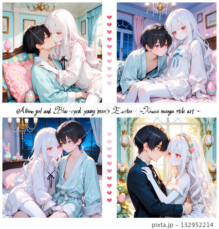 イースターの新郎新婦。アルビノの少女と碧眼の青年の結婚式。漫画風のAIイラスト4枚セット 132952214