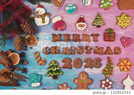Merry Christmas 2026 Greeting with Festive Cookies Merry Christmas 2026 Greeting with Festive Cookies 132952543