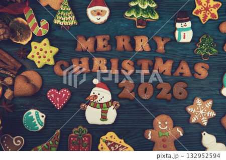 Merry Christmas 2026 Greeting with Festive Cookies 132952594