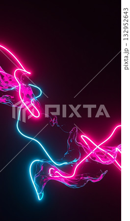 Vibrant neon light trails dance with liquid splashes, creating a dynamic, futuristic energy perfect for modern design projects. 132952643