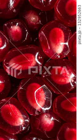 Vibrant, juicy pomegranate seeds burst with freshness, offering a visually stunning close-up of nature's edible jewels perfect for healthy lifestyle and food concepts. 132952663