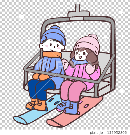 スノーボードでリフトに乗る男女のイラスト スノーボードでリフトに乗る男女のイラスト 132952806