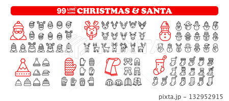 Christmas line icon set, Santa and winter holiday outline vector pack. 99 minimal black elements isolated on transparent background. Christmas line icon set, Santa and winter holiday outline vector pack. 99 minimal black elements isolated on transparent background. 132952915