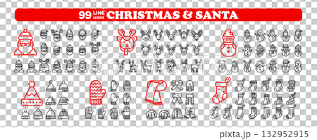 Christmas line icon set, Santa and winter holiday outline vector pack. 99 minimal black elements isolated on transparent background. 132952915