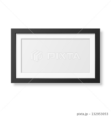 Vector Realistic Horizontal Blank Black Picture Frame. Minimal 3d Photo Frame for Poster, Artwork, Photography, Gallery, Interior, Wall Decoration Design Template 132953053