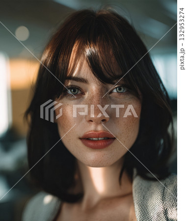 Young woman with freckled skin and dark hair poses softly in a bright indoor setting during daylight hours 132953274