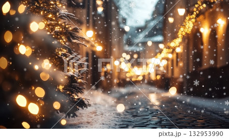 snowy christmas street scene with lights snowy christmas street scene with lights 132953990