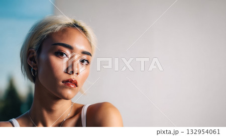 Portrait of a young woman with blonde hair posing against a light background during the golden hour 132954061