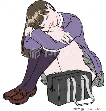 目を閉じて微笑む体育座りの女子高生_影無し 目を閉じて微笑む体育座りの女子高生_影無し 132954205