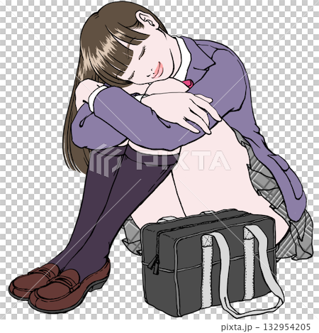 一位微笑的高中女生閉著眼睛坐在地板上──沒有影子 一位微笑的高中女生閉著眼睛坐在地板上──沒有影子 132954205