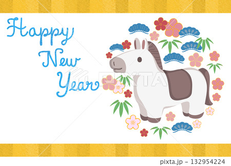 松竹梅で彩られた白馬の年賀状テンプレート/挨拶文無し 132954224