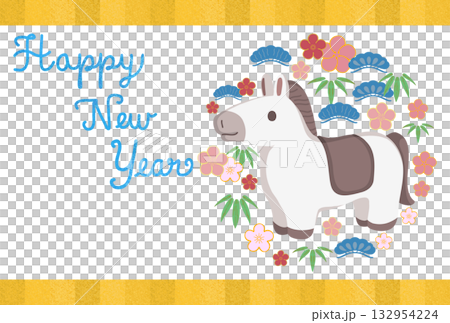 松竹梅で彩られた白馬の年賀状テンプレート/挨拶文無し 132954224