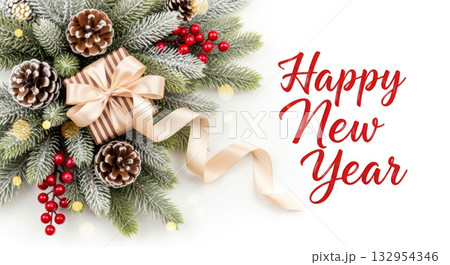 Happy New Year text next to frosted fir branches, pine cones, red berries, and a golden gift box on white background. 132954346