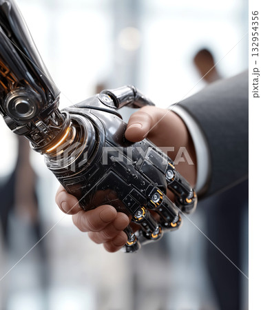 Close up of human and robot handshake symbolizing trust, collaboration, and connection between artificial intelligence and humanity in the age of technological advancement. 132954356