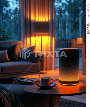 Smart speaker with orange glowing light in cozy living room interior at night. Concept of home automation, virtual assistant, and modern digital lifestyle. 132954357