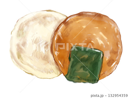 美味しそうな白いせんべいと醤油のり煎餅の手描き水彩イラスト 132954359